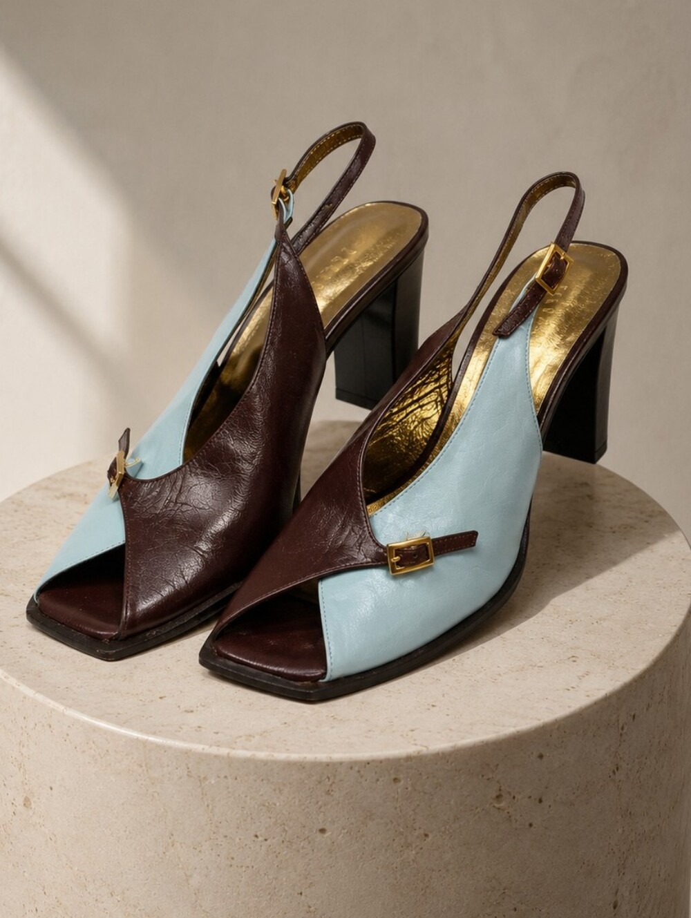 Vintage Pegabo Two Tone Leather Slingback Heels Blue Brown 35